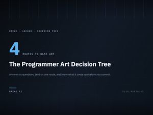 Title card on a dark technical grid: the figure 4 labeled "routes to game art", above the headline "The Programmer Art Decision Tree".