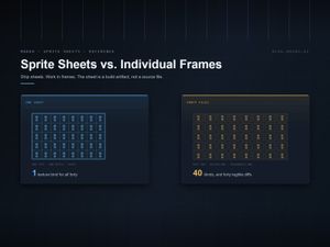Two Makko-framed panels side by side: forty sprites inside one bounded sheet grid costing a single texture bind, and the same forty as separate files costing forty binds but forty legible di