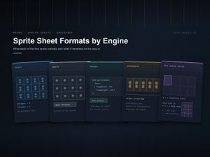 Five Makko-framed plates, one per engine: Godot Hframes and Vframes, Unity Sprite Mode Multiple, a Phaser load.spritesheet call, a GameMaker horizontal strip with its _strip5 filename, and t