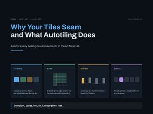 Title card for Why Your Tiles Seam and What Autotiling Does. Four panels: filtering, bleed, integers, autotile.