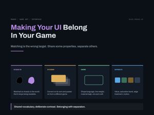 Title card for Making Your UI Belong In Your Game. Four panels: dissolve, sticker, share, separate.