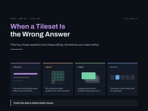 Title card for When a Tileset Is the Wrong Answer. Four panels: threshold, variety, hybrid, velocity.