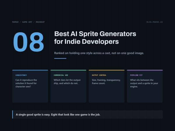 Title card for Best AI Sprite Generators for Indie Developers. Criteria: consistency, commercial use, output control, pipeline fit.