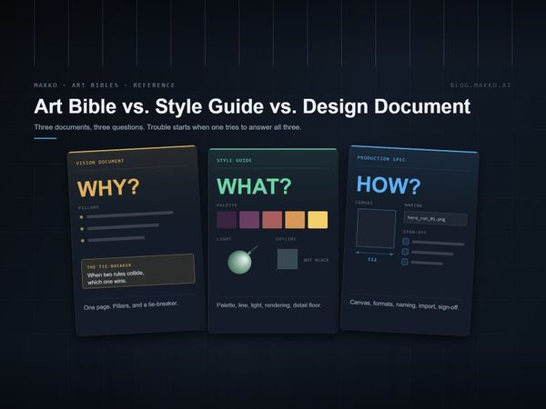 Three Makko-framed document plates side by side: a vision document answering WHY with pillars and a tie-breaker, a style guide answering WHAT with palette, light and outline rules, and a pro