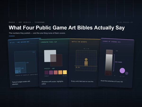 Four Makko-framed plates fanned across a dark grid, each diagramming one public art bible: 0 A.D.’s texture budget ladder, the Liberated Pixel Cup shadow value and hue-shift ramp, Wesnoth’s 