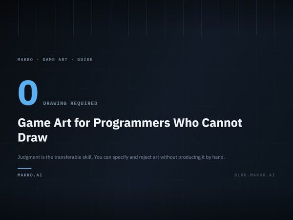 Title card on a dark technical grid: the figure 0 labeled "drawing required", above the headline "Game Art for Programmers Who Cannot Draw".