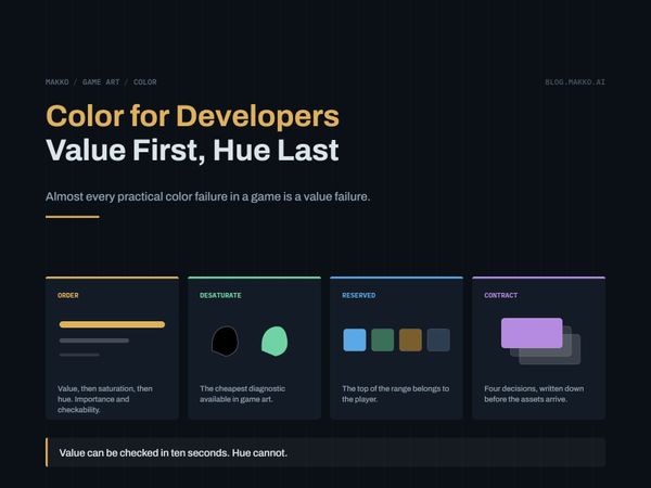 Title card for Color for Developers Value First, Hue Last. Four panels: order, desaturate, reserved, contract.