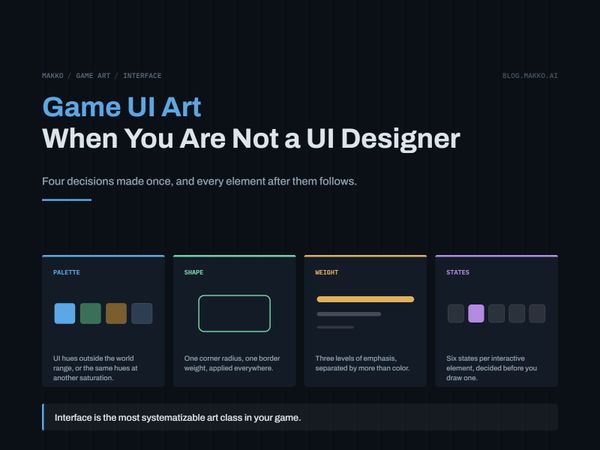 Title card for Game UI Art When You Are Not a UI Designer. Four panels: palette, shape, weight, states.