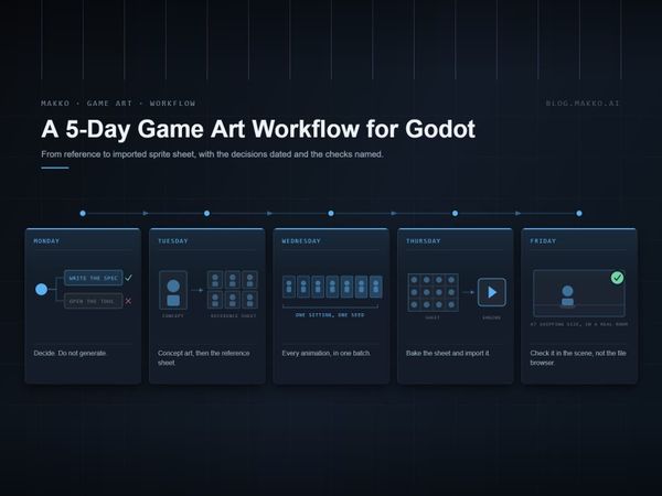A five-station pipeline track on a dark grid, one Makko-framed plate per day: Monday decide, Tuesday concept then reference sheet, Wednesday animations in one batch, Thursday bake and import