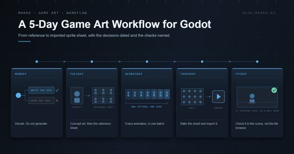 A five-station pipeline track on a dark grid, one Makko-framed plate per day: Monday decide, Tuesday concept then reference sheet, Wednesday animations in one batch, Thursday bake and import