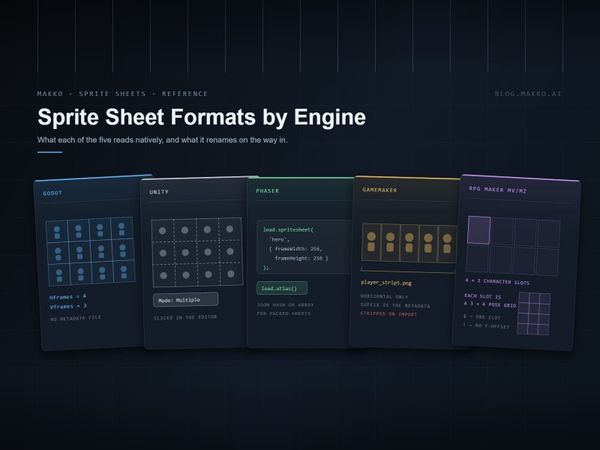 Five Makko-framed plates, one per engine: Godot Hframes and Vframes, Unity Sprite Mode Multiple, a Phaser load.spritesheet call, a GameMaker horizontal strip with its _strip5 filename, and t