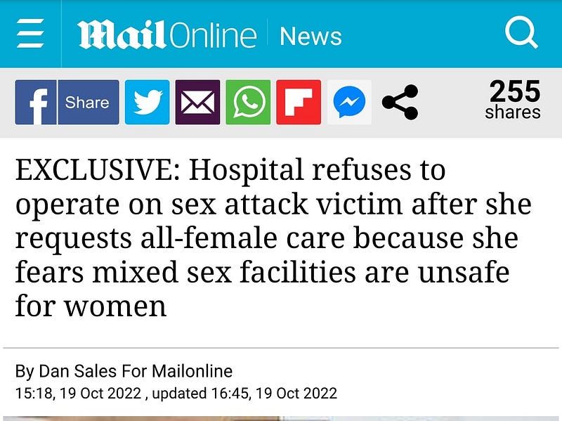 MailOnline — Exclusive: Hospital refuses to operate on sex attack victim after she requests all-female care because she fears
