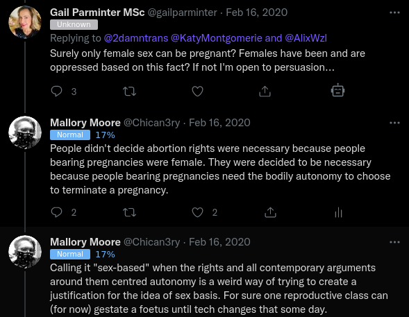 Gail Parminter MSc @gailparminter · Feb 16, 2020 Replying to @2damntrans @KatyMontgomerie and @AlixWzl Surely only female sex