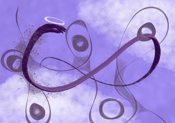 A hand mingles and intertwines with circles that a floating in a sky. The hand has a halo above it as thought it were a head. 