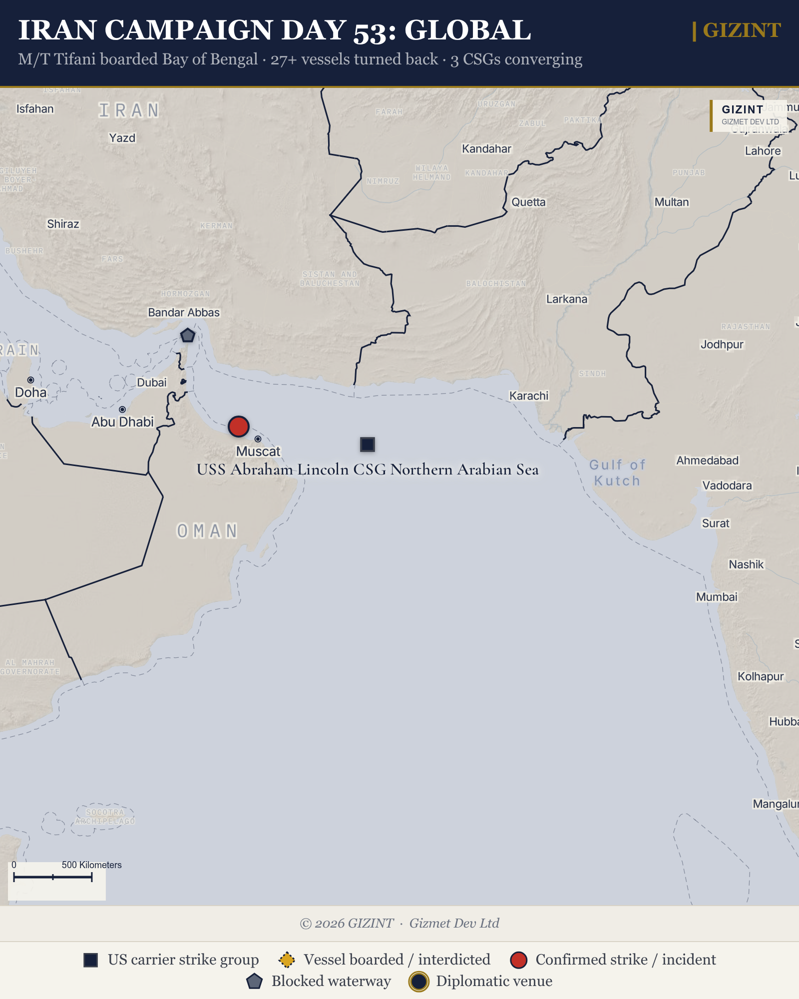 Iran Campaign Day 53: Global enforcement, three CSGs converging, ceasefire expiry, 21 April 2026