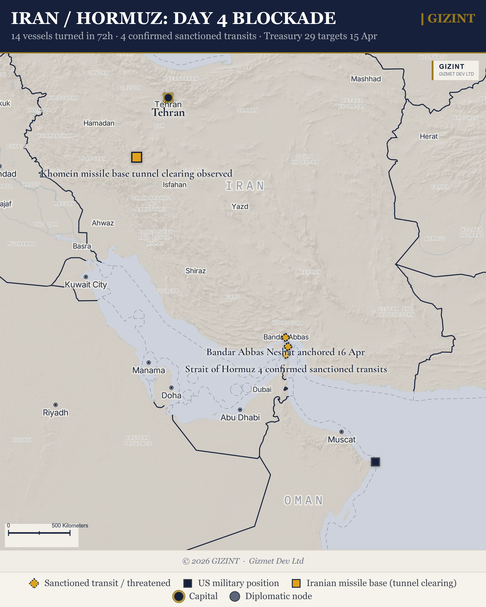 Iran / Hormuz: Day 4 blockade, Shamkhani designations, mediation corridor