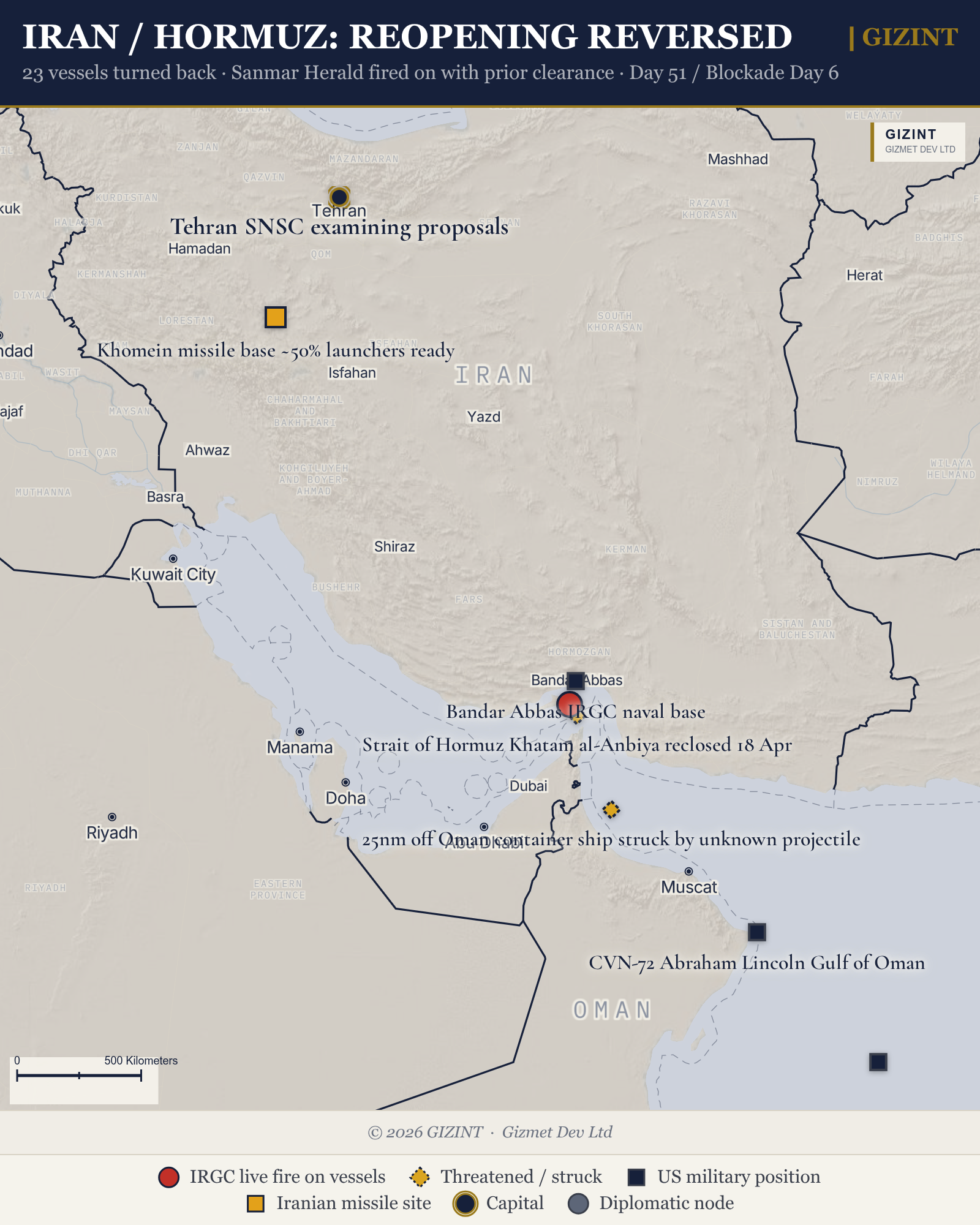 Iran: Hormuz reversal, IRGC firing, blockade Day 7