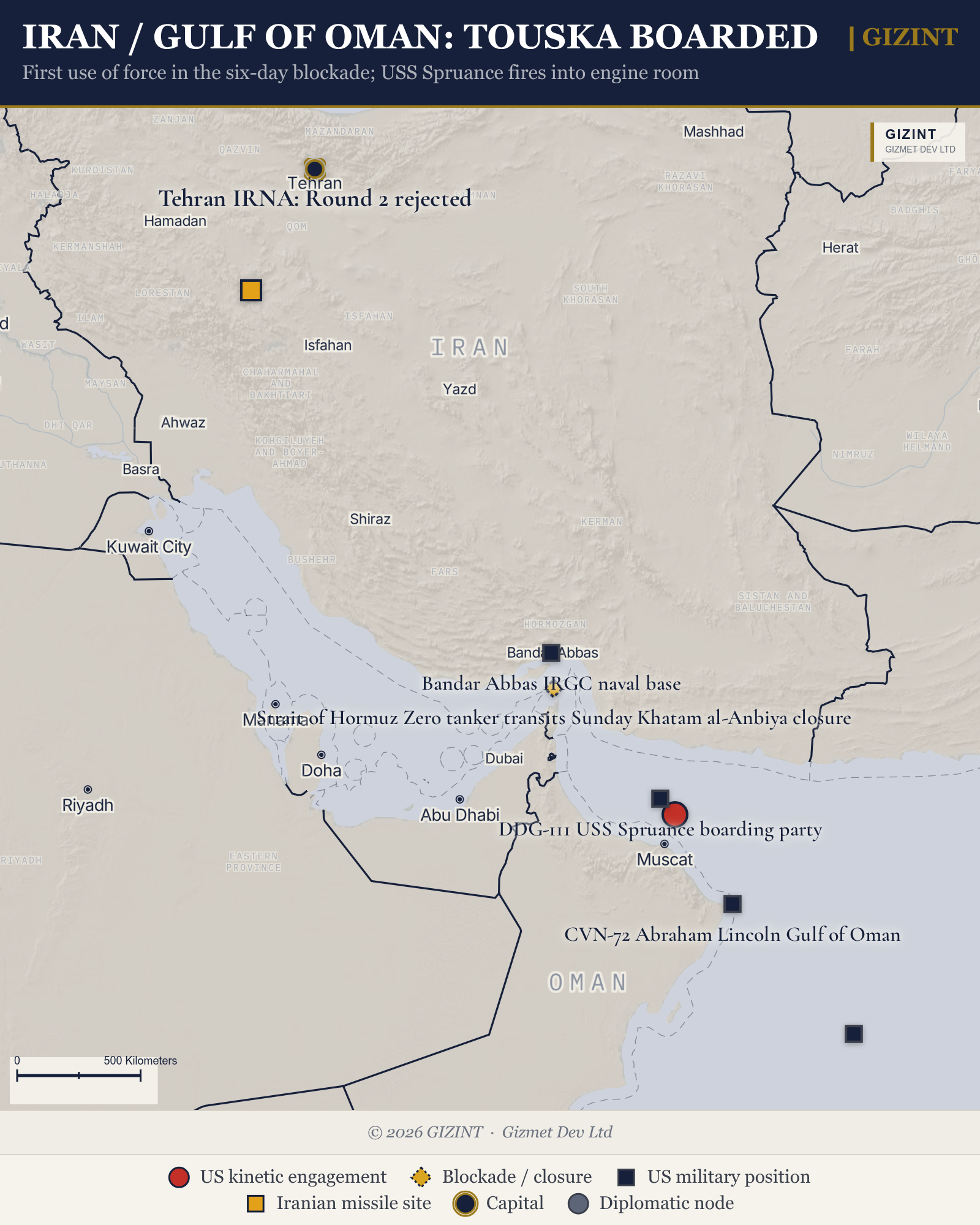 Iran / Gulf of Oman: TOUSKA boarded, talks rejected, GL-U expired, 19 April 2026