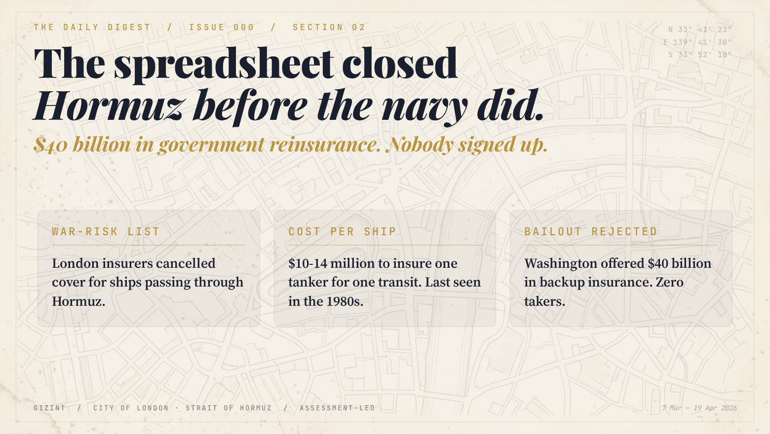 The spreadsheet closed Hormuz before the navy did.