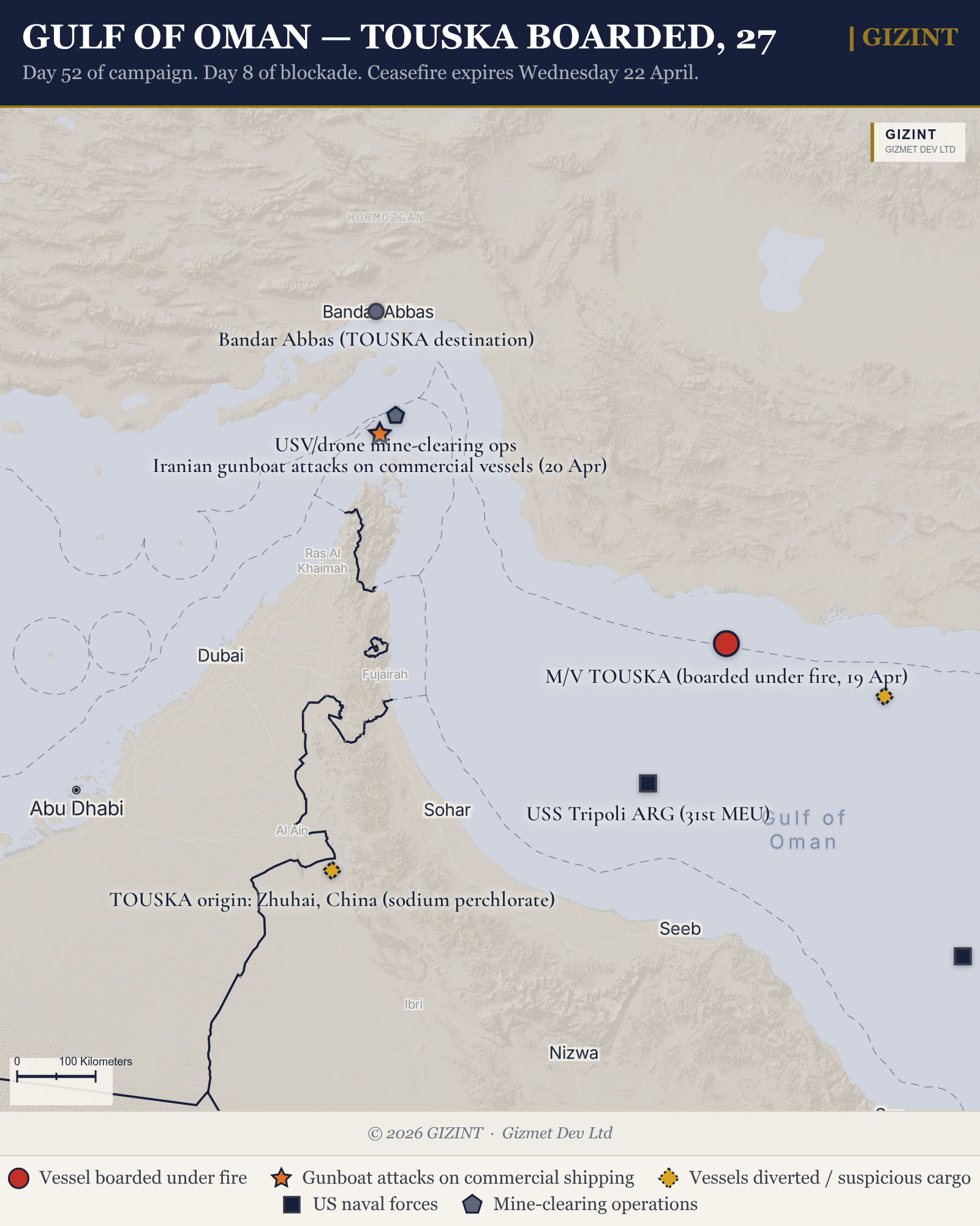 Gulf of Oman: TOUSKA seized, 27 vessels diverted, gunboat attacks, 20 April 2026