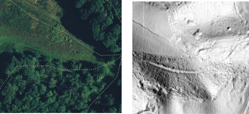 Two maps of "The Heavens" overlaid on each other, the top one semi-transparent, rendered in 3D with hills in high relief, viewed at an oblique angle