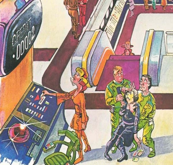 Illustration with a female operator putting a card in a machine. It says "credit .00002" on the screen. A woman is fainting and being caught by two male assistants. One is rolling his eyes.