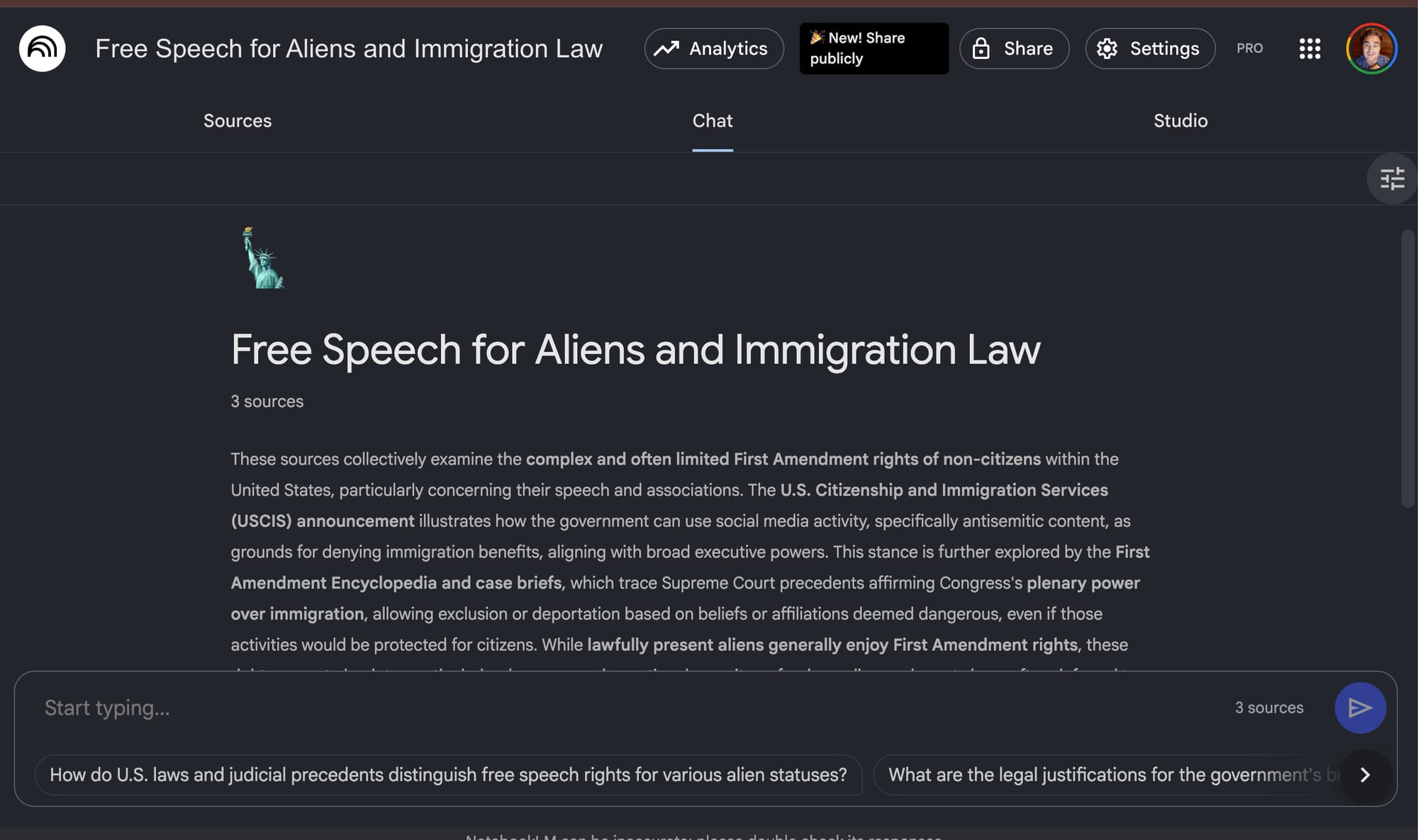 A sample NotebookLM page exploring free speech for aliens and immigration law