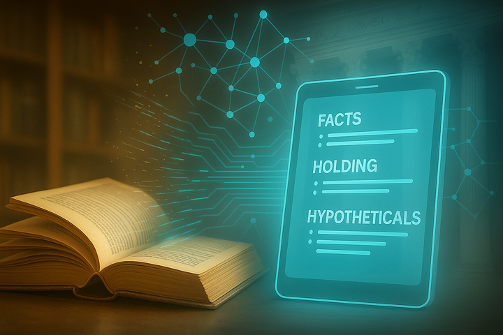A casebook on the left is sucked into an AI on the right, which produces an electronic 1L case brief