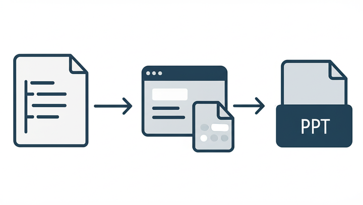 An image of going from an outline to a converter to PowerPoint
