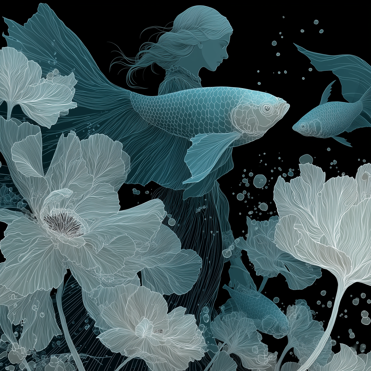 청록빛 바다의 인어와 연꽃 | Teal Mermaid with Lotus Flowers