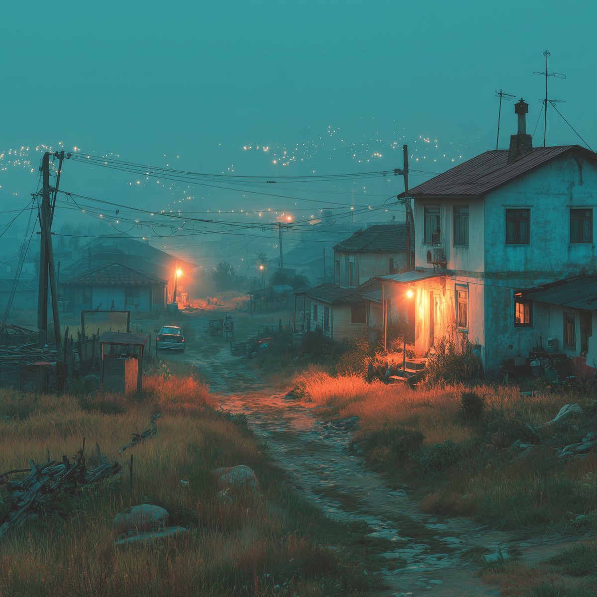 안개 낀 마을의 황혼 풍경