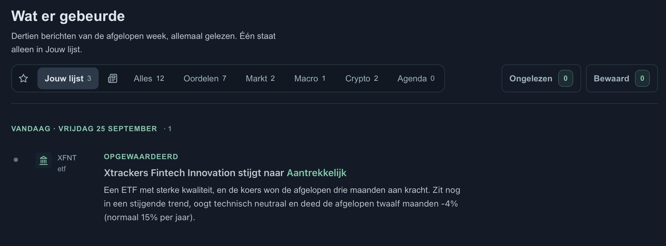 Het postvak Jouw lijst met een update over een gevolgde ETF