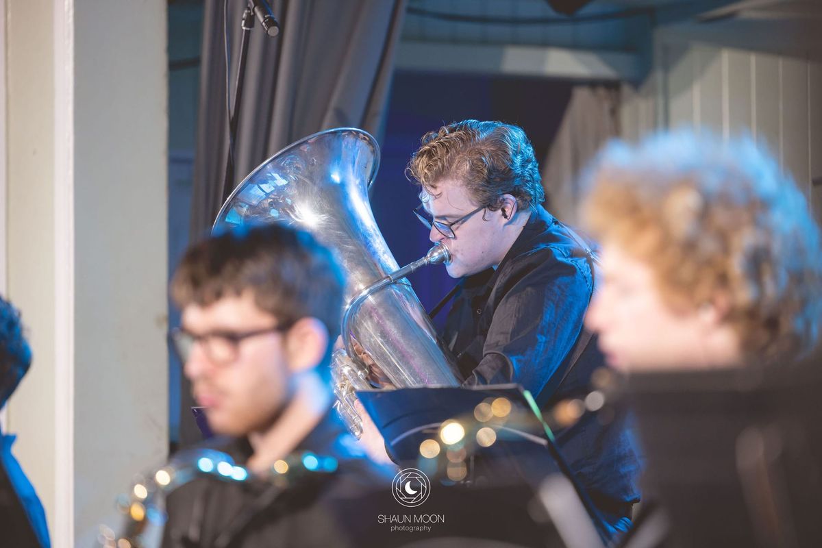 A big band performance, focused aperture on a tuba and their player.