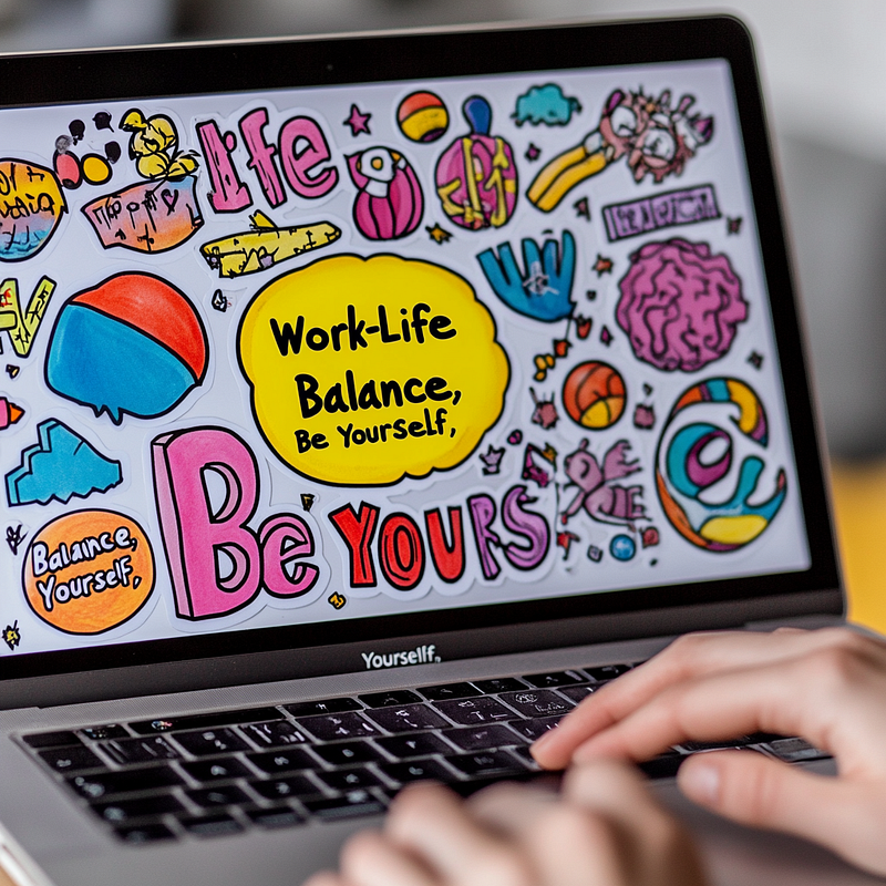 Hands Typing on a Laptop with Empowering Stickers A close-up of hands typing on a laptop with stickers that include phrases l