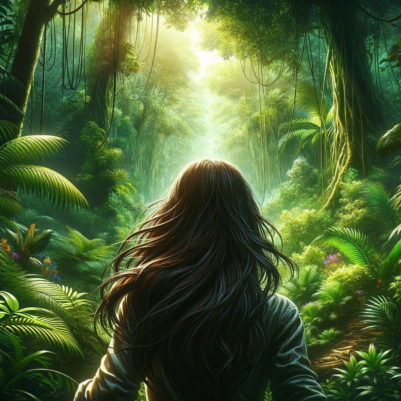the back of a woman with long dark brown hair as she navigates through a thick jungle. The scene captures a sense of adventur