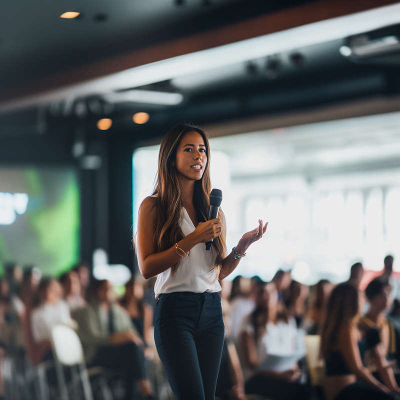 latina professional with long brown hair giving a keynote at a tech conference