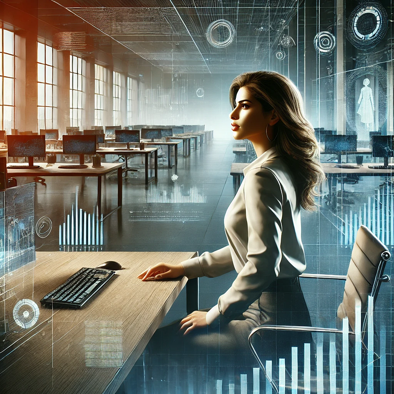 Latina woman sitting at a desk in an open office with empty chairs but the computers are still running. there are element of