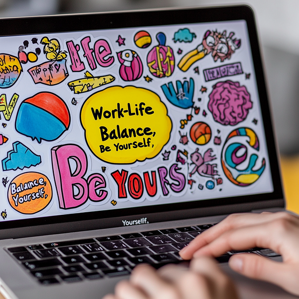 Hands Typing on a Laptop with Empowering Stickers A close-up of hands typing on a laptop with stickers that include phrases l