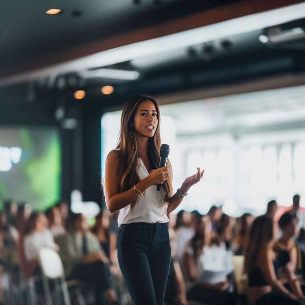 latina professional with long brown hair giving a keynote at a tech conference