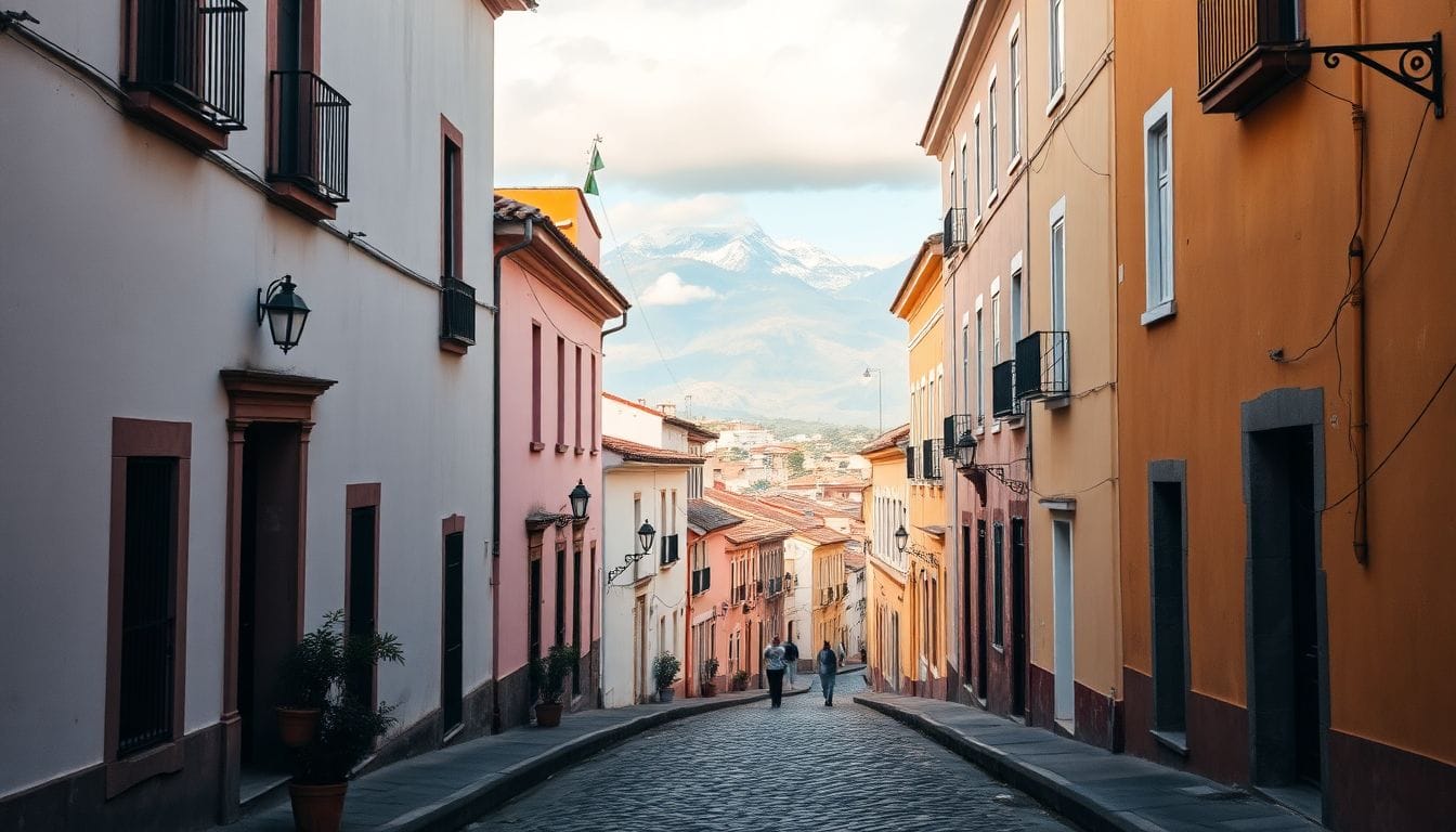 Narrow cobblestone street in Quito Ecuador old town