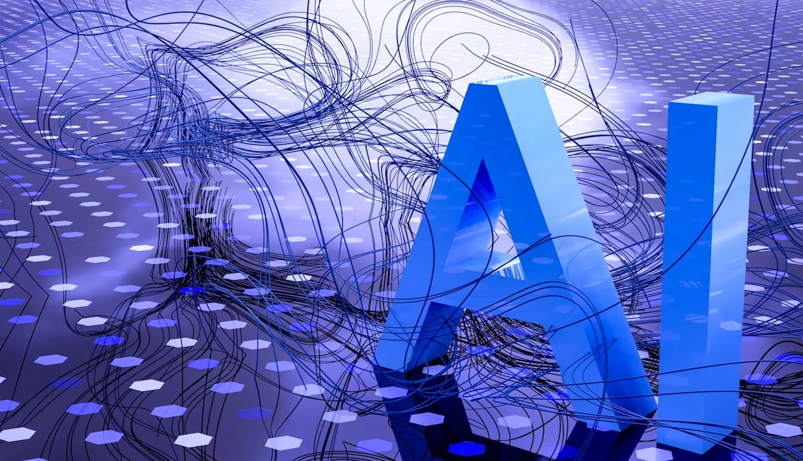 Blue AI letters and twisted black strands on purple hexagon background