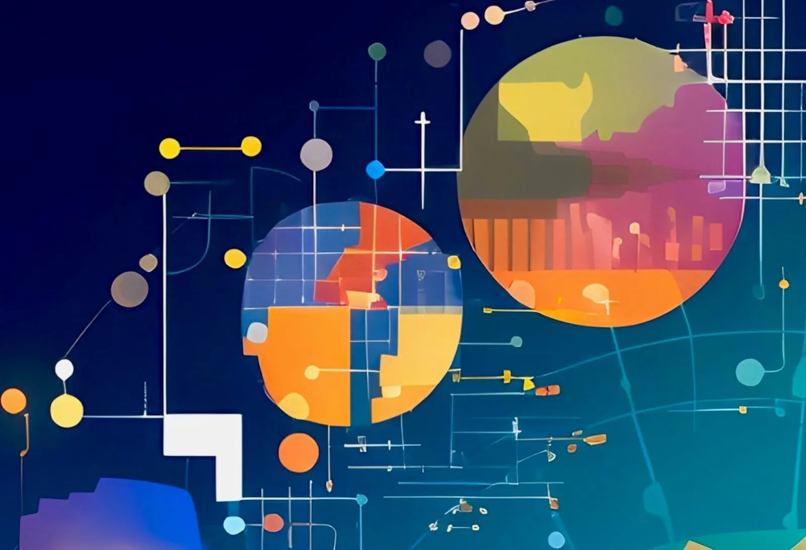 Colored circles with intersecting network lines on blue gradient background