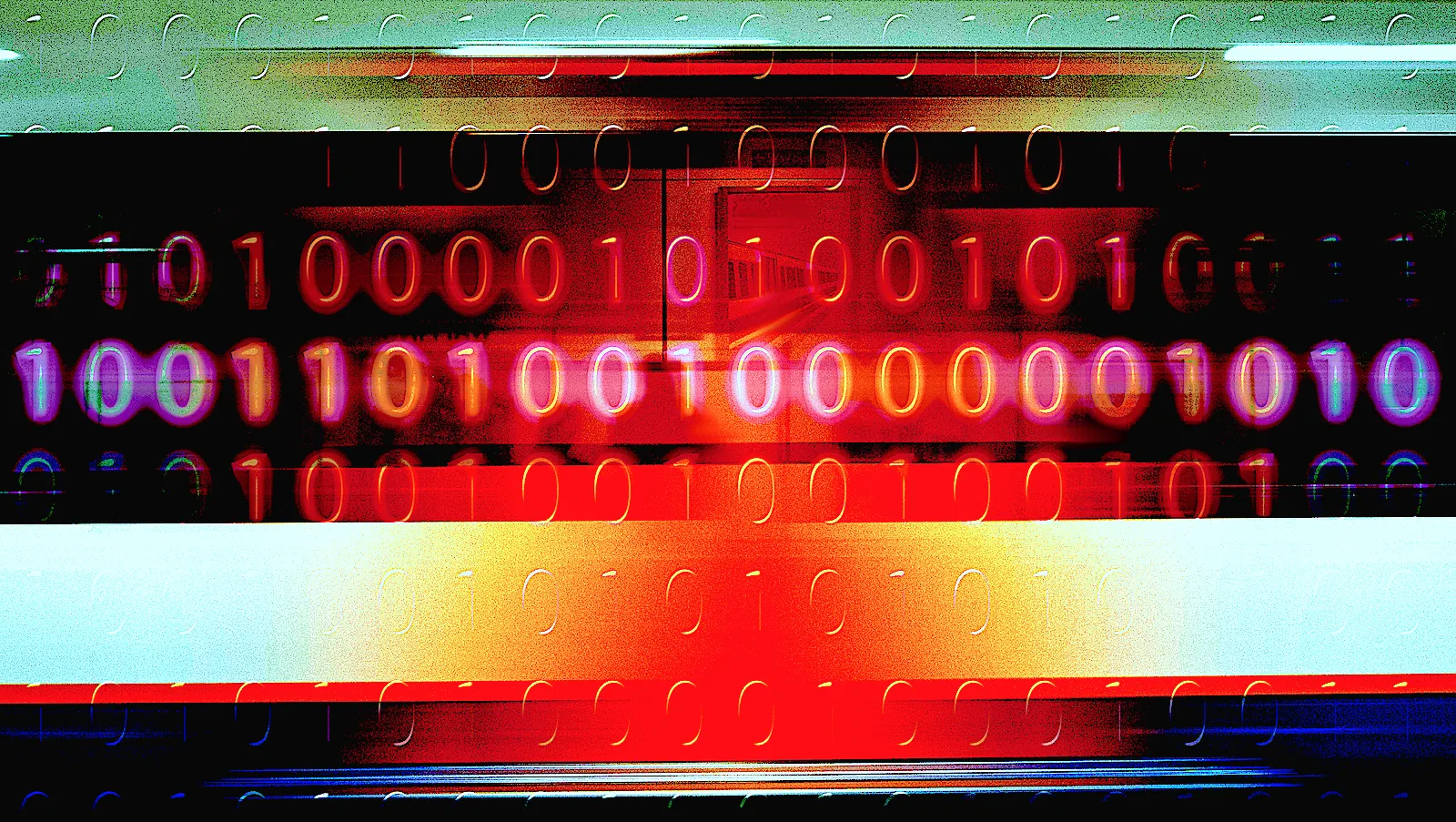 Moving train superimposed with colorful binary pattern