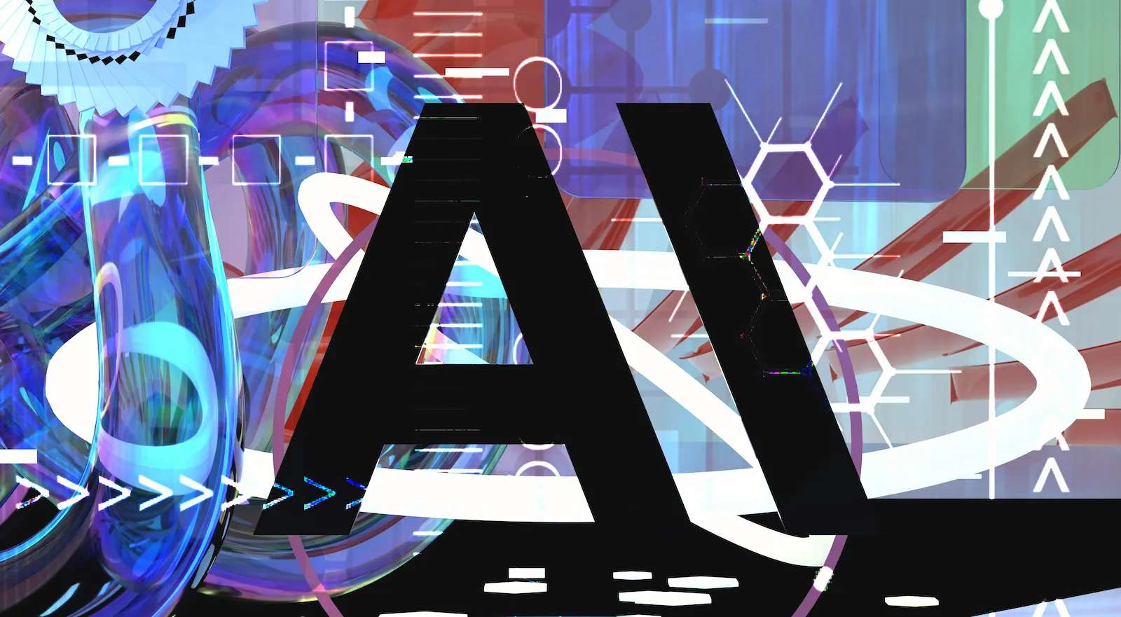 AI letters on purple and blue background with white arrows and hexagons