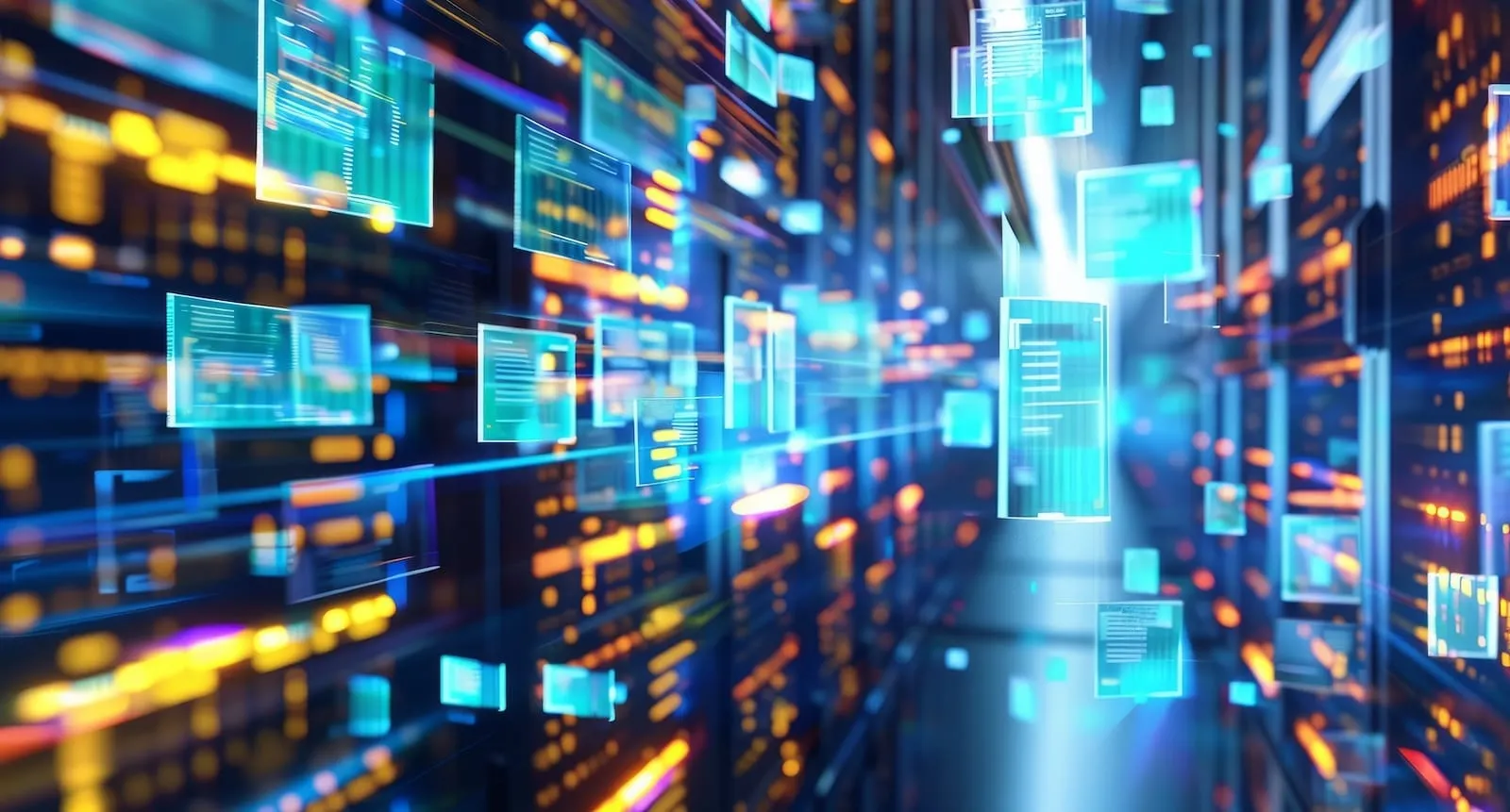 Blue and yellow lights on server array with floating blue data files