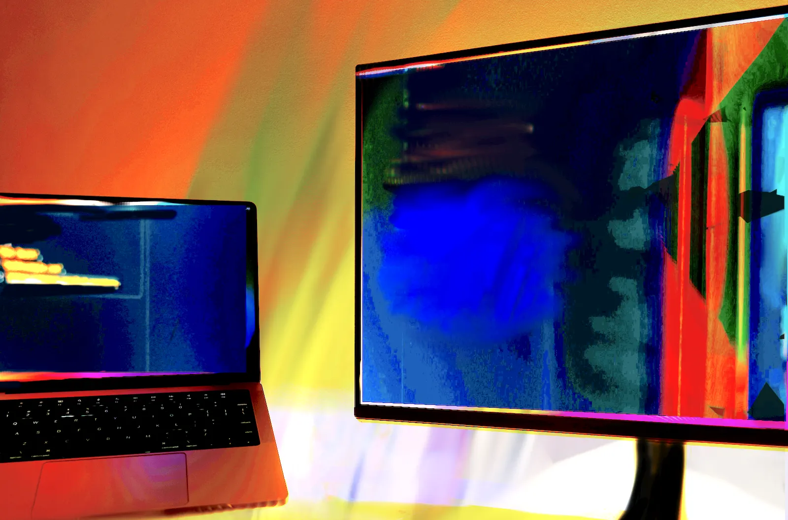 Desktop and laptop machines with abstract orange background
