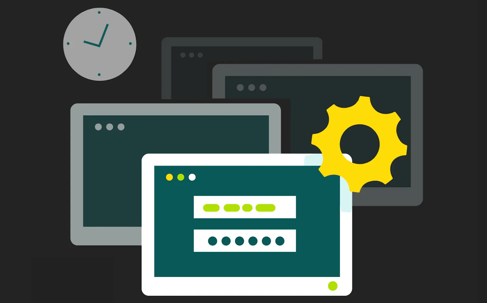 Computer screens with clock and yellow gear
