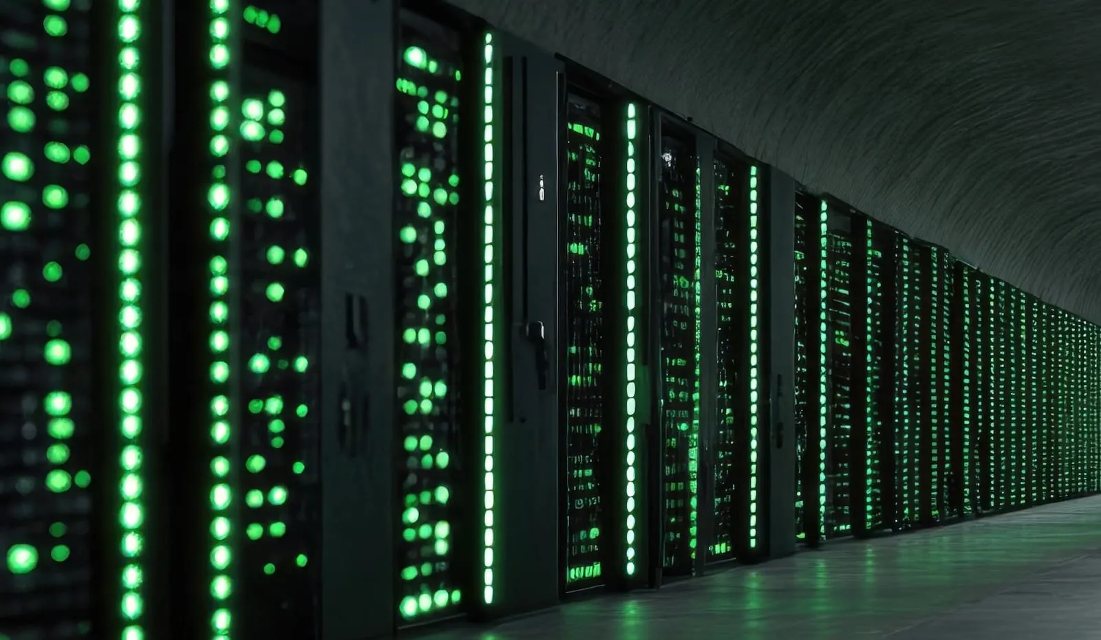 Black supercomputer installation with green lights