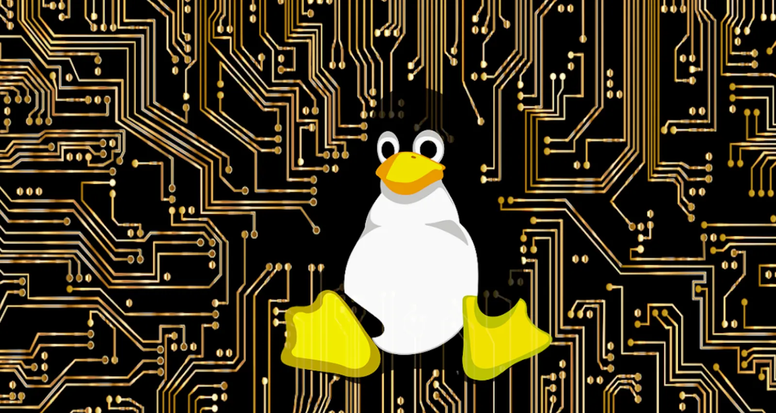 Tux the penguin on a processor background