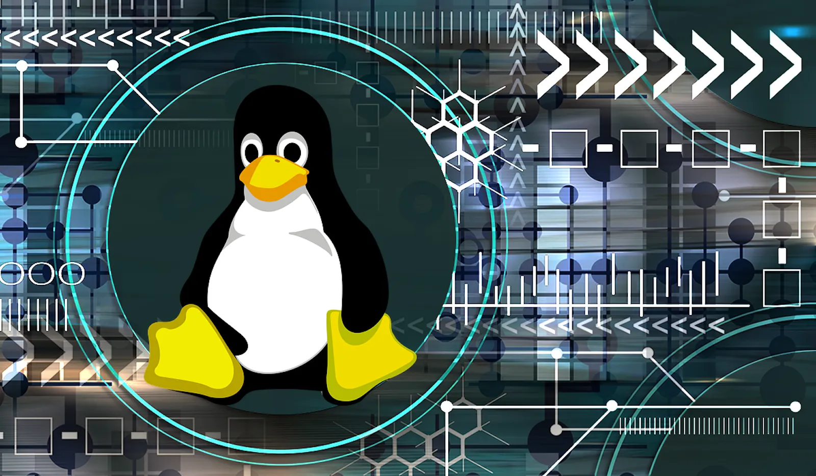 Tux the penguin on abstract background with arrows and hexagons